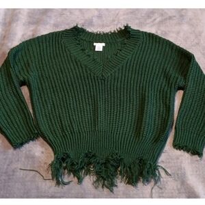 Mossy Fall Fairy Grunge Knit Forest Green V Neck Sweater Frayed Fringe Medium